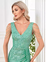 V-neck Sequined Fishtail Slit Evening Dress