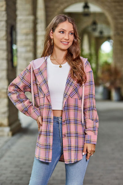 Ladies Casual Hoodie Plaid Shirt