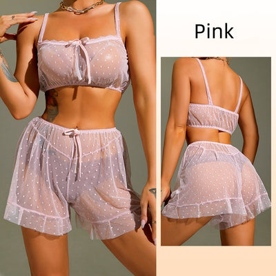 Wave-point Perspective Mesh Suspender Shorts Set