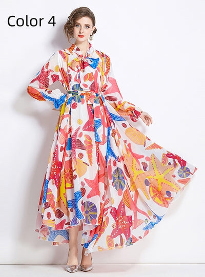 Retro Chiffon Printed Long-sleeved Big Swing Dress