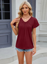 Solid Color Pleated V-neck Short Sleeve T-shirt