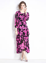 Retro Printed Chiffon Slim Ruffled Dress