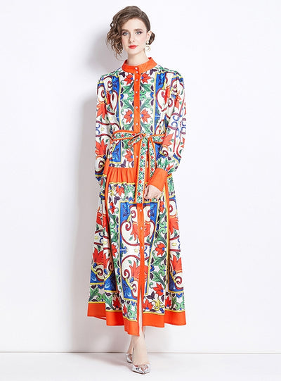 Retro Stand-up Collar Single-breasted Printed Dress