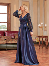 Navy Blue Satin Long Sleeve Sequins Prom Dress