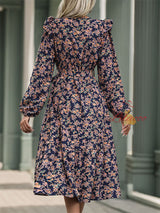 Long-sleeved Printed V-neck Dress