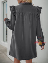 Solid Color Ruffled Long-sleeved Loose Dress