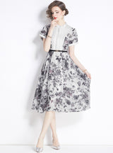 Retro Printing Short Sleeve Dyeing Dress