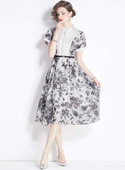 Retro Printing Short Sleeve Dyeing Dress