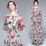 Round Neck Long Sleeve Chiffon Printed Dress