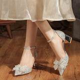 Bow Sequined Thick Heel Wedding Shoes