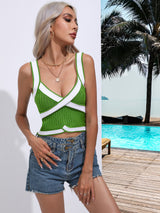 Color Matching Knit Sleeveless V-neck Top