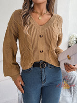 Solid Color V-neck Button Twist Lantern Sleeve Sweater