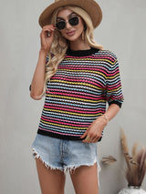 Spliced Hollow Loose Round Neck Striped Sweater