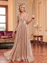 Champagne Sequins Deep V-neck Prom Dress