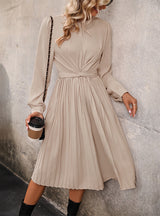 Solid Color Long Sleeve Pleated Dress