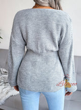 Lantern Sleeve Ruffled Knitted Sweater