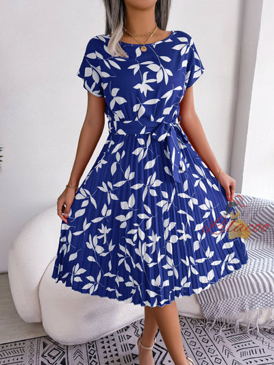 Casual Leaf Short Sleeve Pleated Dress