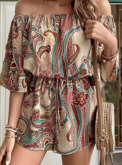 Off-the-shoulder National Wind Printed Jumpsuit