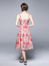 Slim-fit Mid-length Printed Suspenders Dress