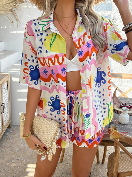 Bohemian Print Shirt Short Pants Suit