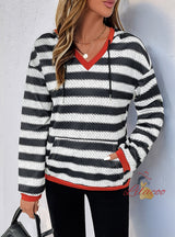 Black and White Striped Pullover Hooded Casual Top