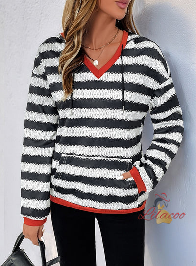 Black and White Striped Pullover Hooded Casual Top