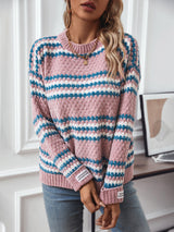 Contrast Striped Round Neck Loose Sweater