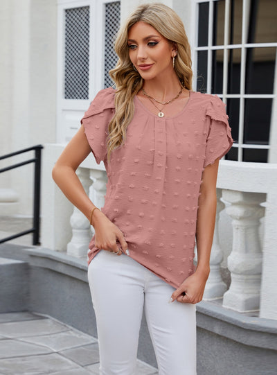 Jacquard Round Neck Short Sleeve Chiffon Shirt