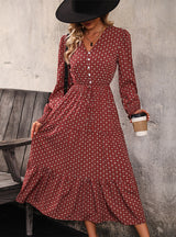 Long sleeve Print V-neck Button Dress