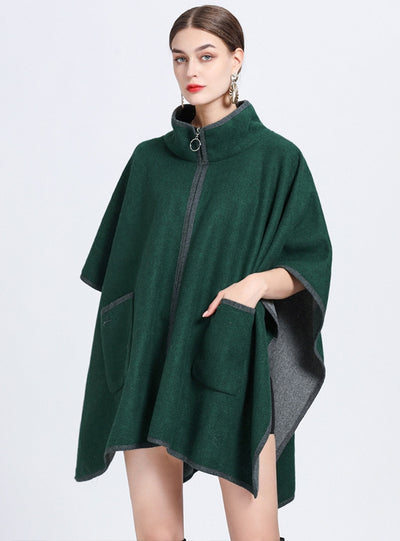 Stand-up Collar Pocket Zipper Shawl Cloak