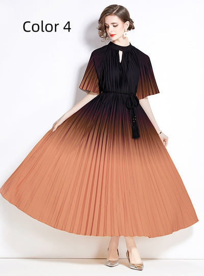 Fashion Gradient Print Pleated Long Dress