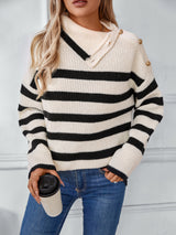 Striped Lapel Pullover Button Sweater