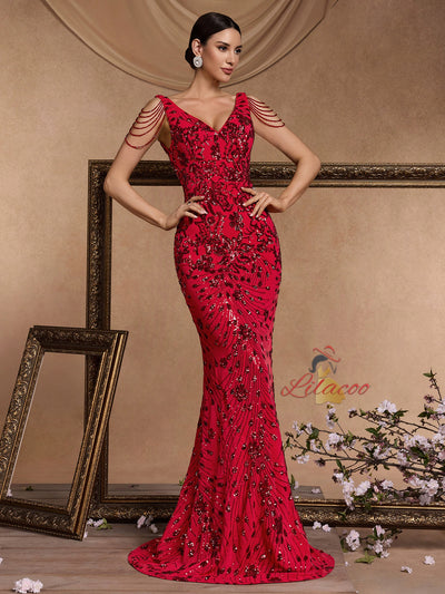 Red Mermaid Sequins V-neck Prom Dress