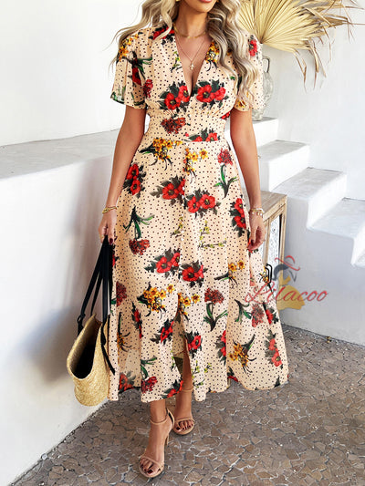 Bohemian Deep V Chiffon Printed Short Sleeve Dress