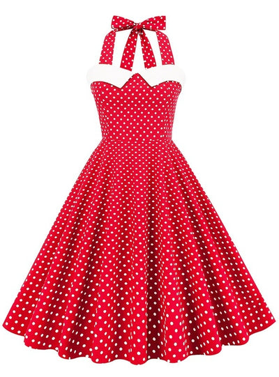 Retro Polka-dot Stitching Halter Big Swing Dress