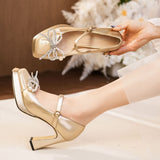 Diamond Bow Thick Heels Shoes