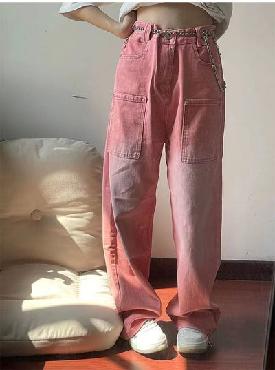 Retro Pink Loose Straight Wide-leg Jeans