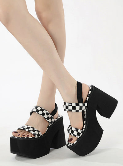 Black and White Plaid Thick Soled Thick Heel Sandals