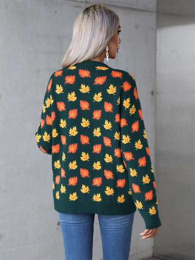 Leaves Print Christmas Crewneck Sweater