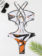 One-piece Triangular Printed Lace Up Bikini