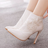 Thin-heeled Pointed Lace Wedding Boots