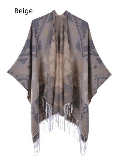 Fringed Split Double-sided Cashmere Shawl Cloak