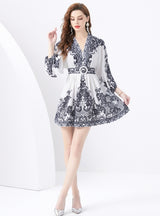 Stand-up Collar Lantern Sleeve Printed Short Mini Dress