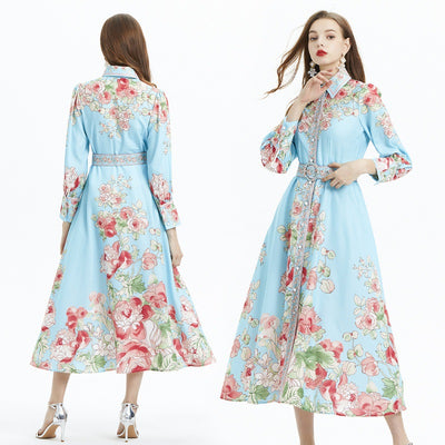 Flower Printed Long-sleeved Ruffled Dress