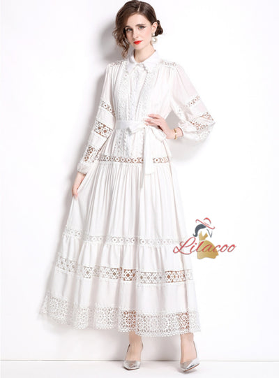 Fashion Lapel Stitching Lace Lantern Sleeve Dress