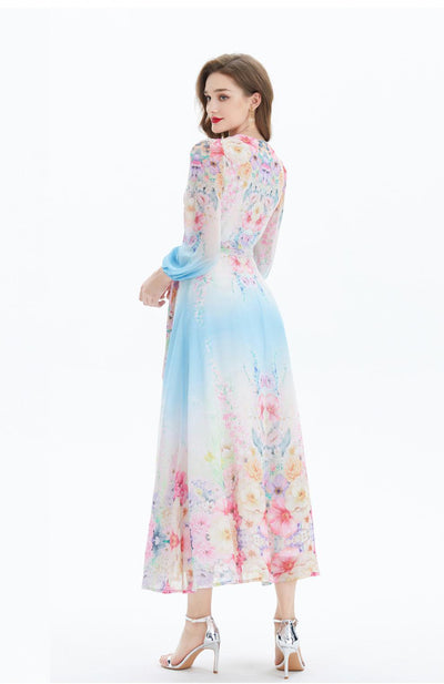 Lantern Sleeve Printed V-neck Chiffon Ruffled Dress