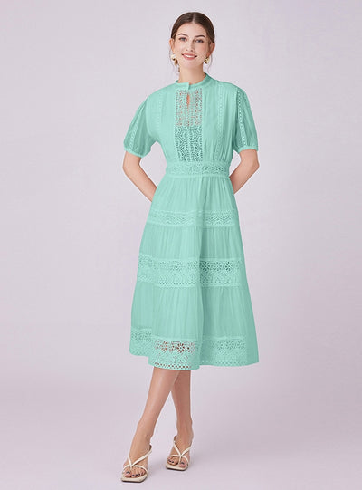 Retro Lace Stitching V-neck Short-sleeved Dress