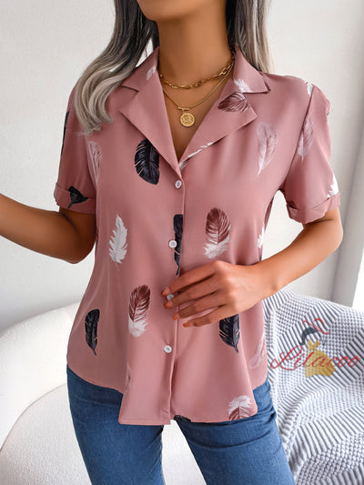 Short-sleeved Feather Print Short Sleeve Shirt