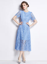 Retro Round Neck Lotus Leaf Sleeve Lace Dress