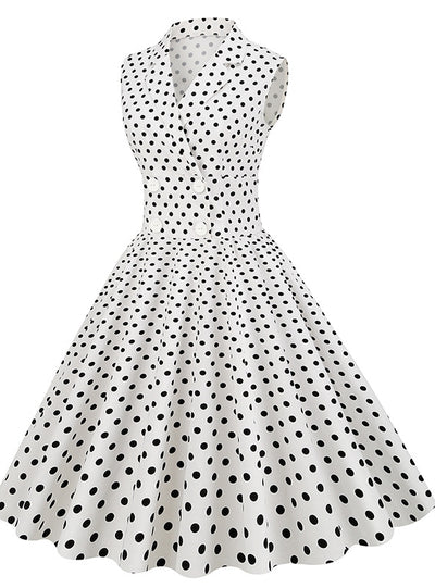 Lapel Sleeveless Breasted Polka-dot Retro Dress